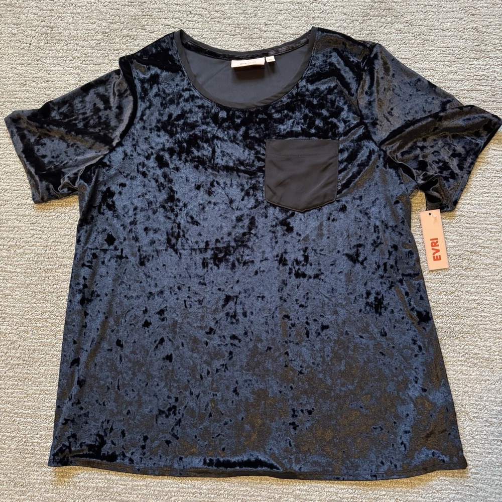 NWT Evri Crushed Velvet Pocket Tee Short Sleeve T-shirt Black Plus Size 1X